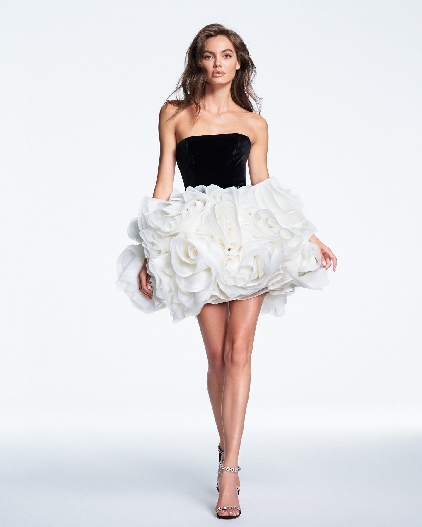 Strapless Floral Ruffle Dress Black White HV2039