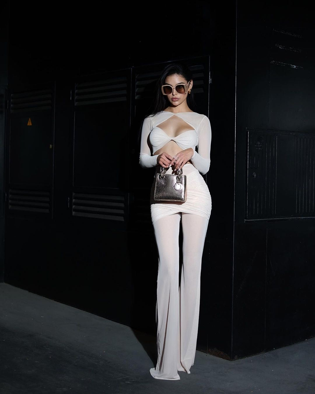 Long Sleeve Draped Two Piece Jumpsuit Nude HV1125