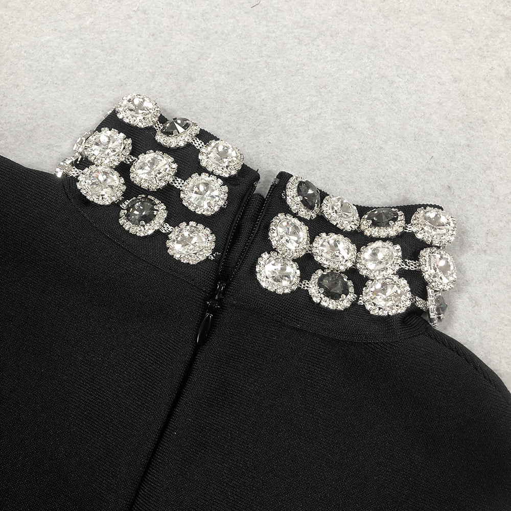 Long Sleeve Crystal Trim Detail Dress Black HV1665