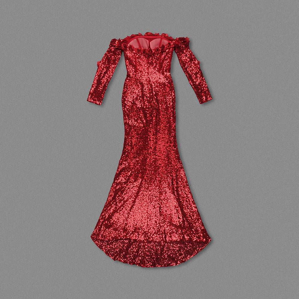 Long Sleeve Floral Bardot Sequin Maxi Dress Red HV1798