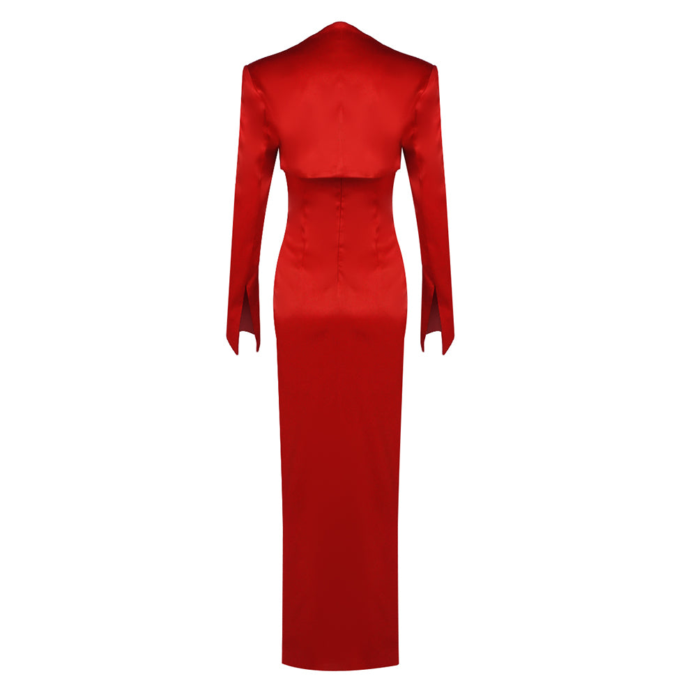 Long Sleeve Floral Maxi Two Piece Dress Red HV2135