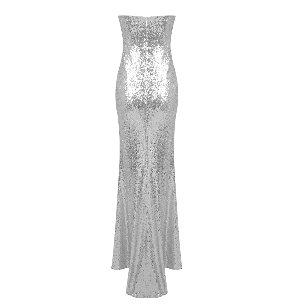 Strapless Crystal Sequin Maxi Dress Silver HV1886