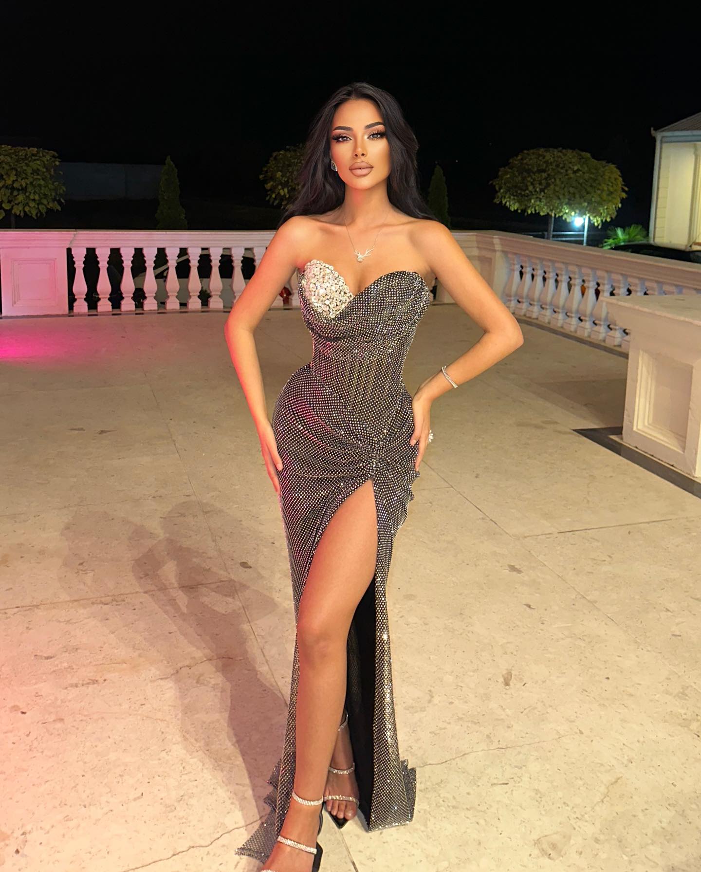 Strapless Crystal Draped Maxi Dress HV1405