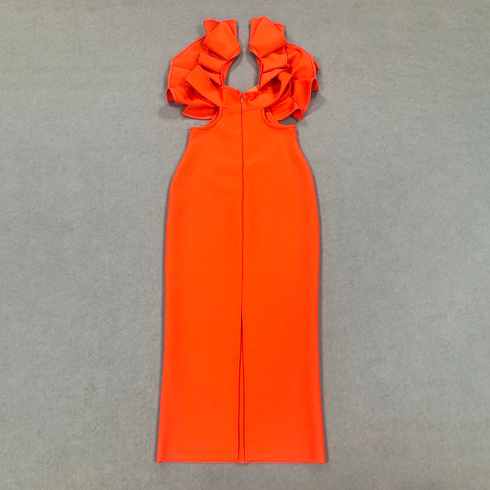 Ruffle Sleeve Bustier Midi Dress Orange HV1597