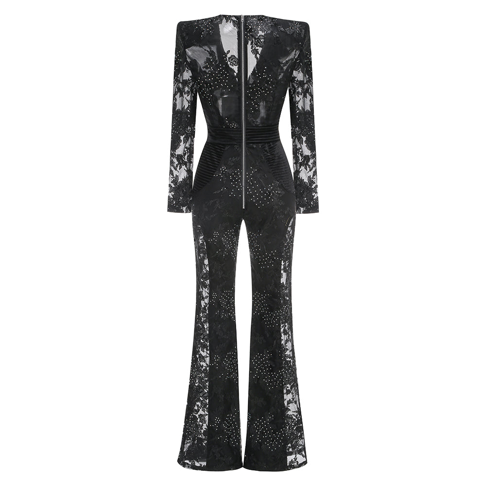 Long Sleeve Floral Lace Jumpsuit Black HV1988