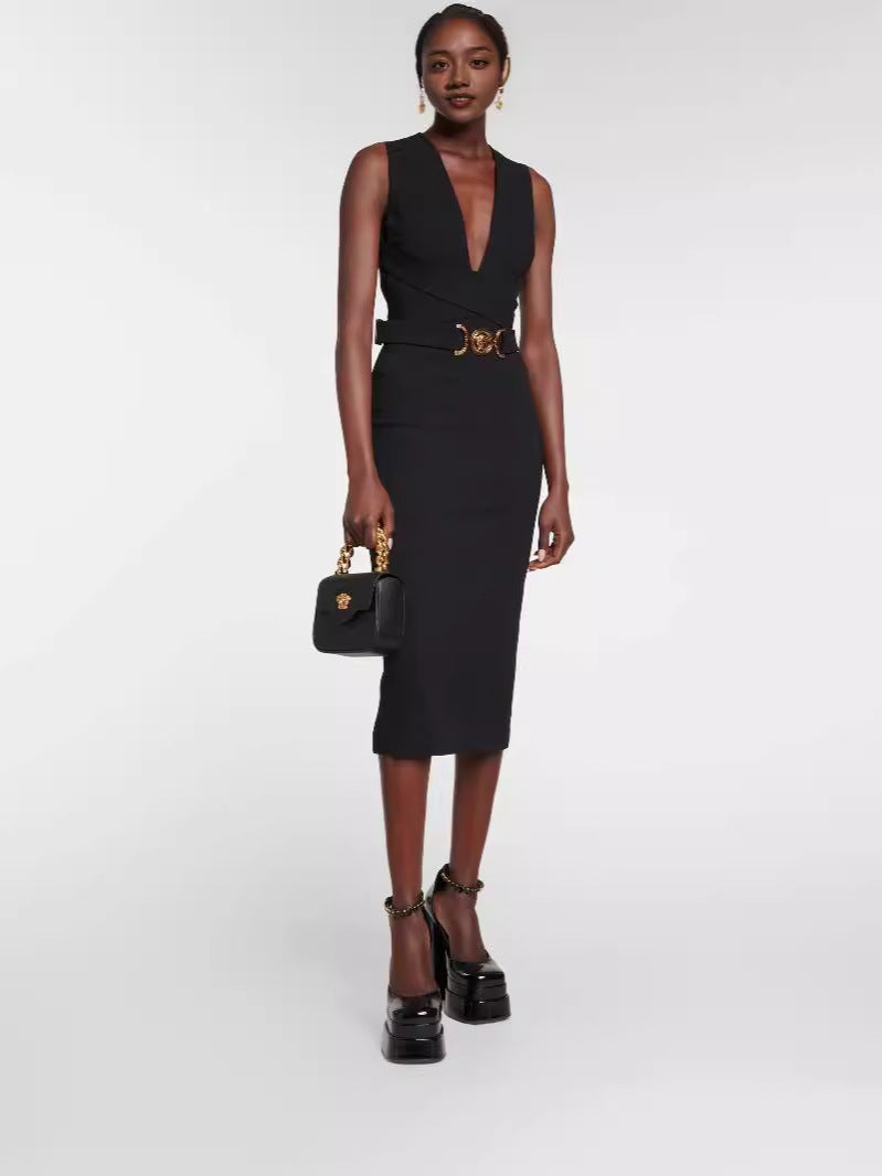 Plunge V Neck Belt Detail Midi Dress Black HV1220
