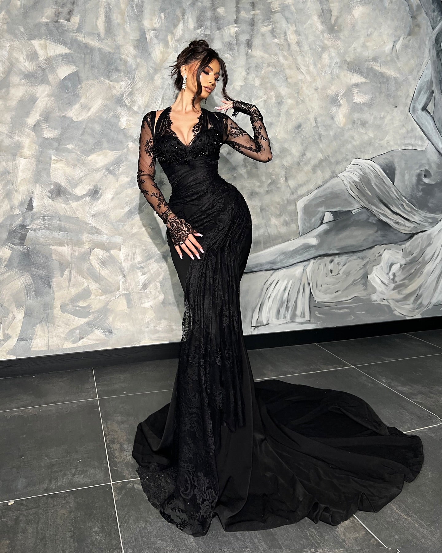 Long Sleeve Halter Sequin Lace Maxi Dress Black HV2231