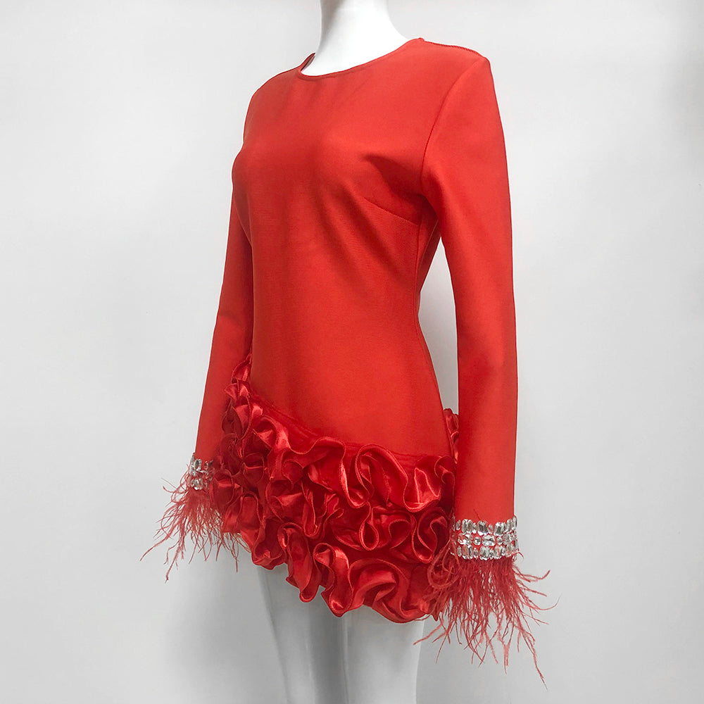Crystal Feather Long Sleeve Ruffle Dress Red HV9972