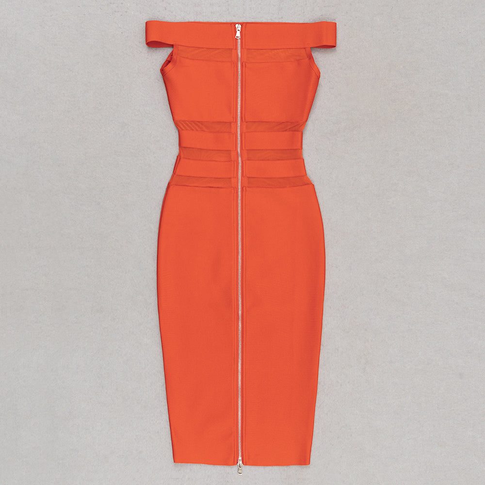 Off Shoulder Mesh Insert Midi Dress Orange HV9412