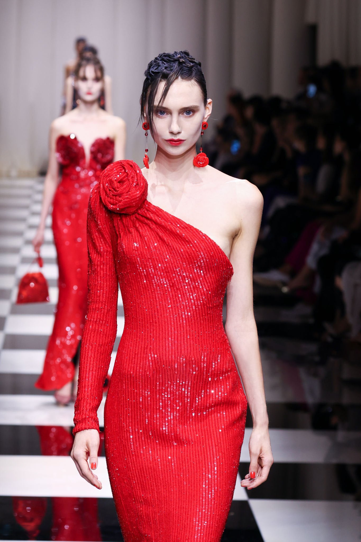 One Sleeve Sequin Midi Dress Red HV9898
