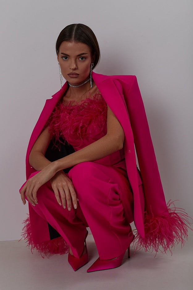 Long Sleeve Feather Detail Suit Hot Pink HV1267