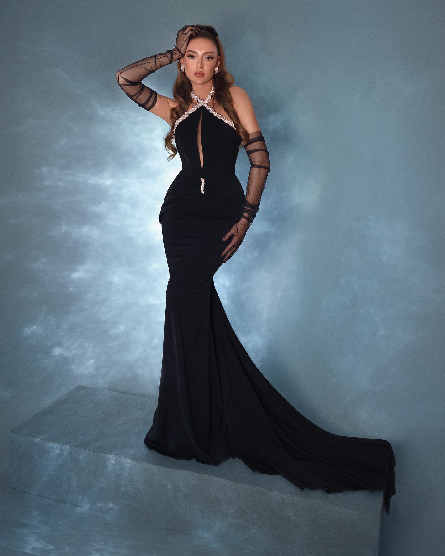 Halter Crystal Braid Maxi Velvet Dress Black HV1897