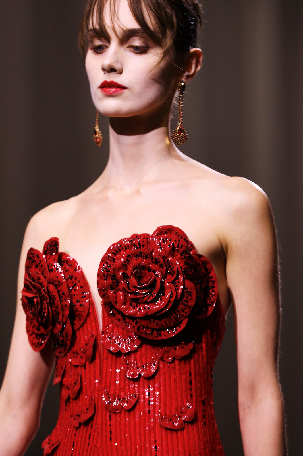 Strapless Flower Sequin Maxi Dress Red HV1007