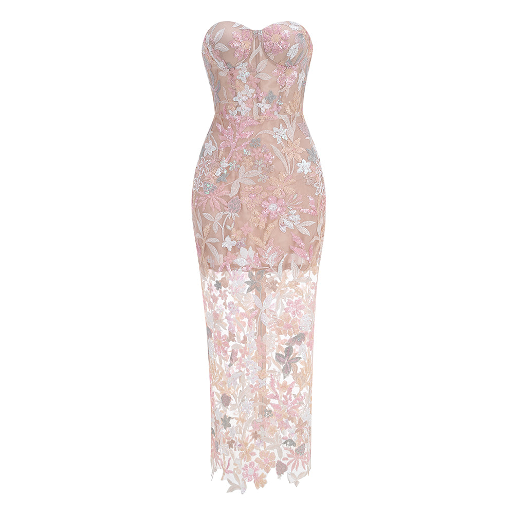 Strapless Floral Bustier Maxi Dress HV1890