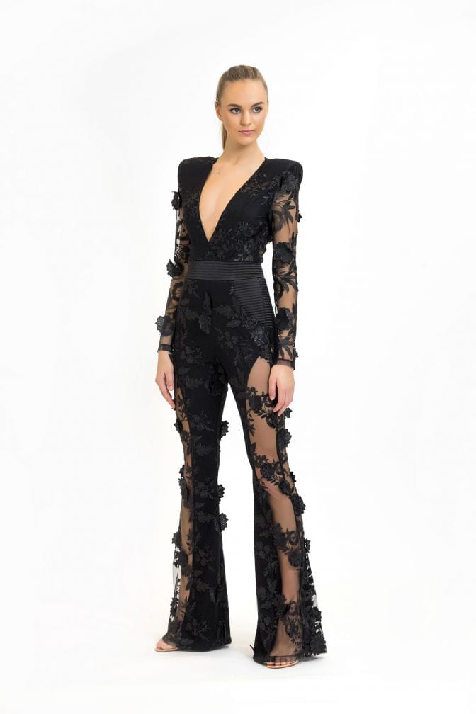 Long Sleeve Floral Lace Jumpsuit Black HV1988