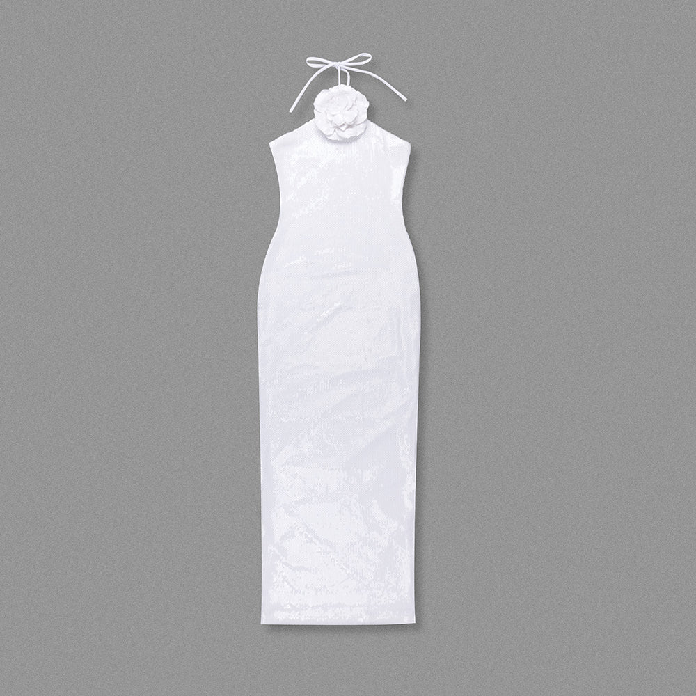 Halter Flower Sequin Maxi Dress White HV1410