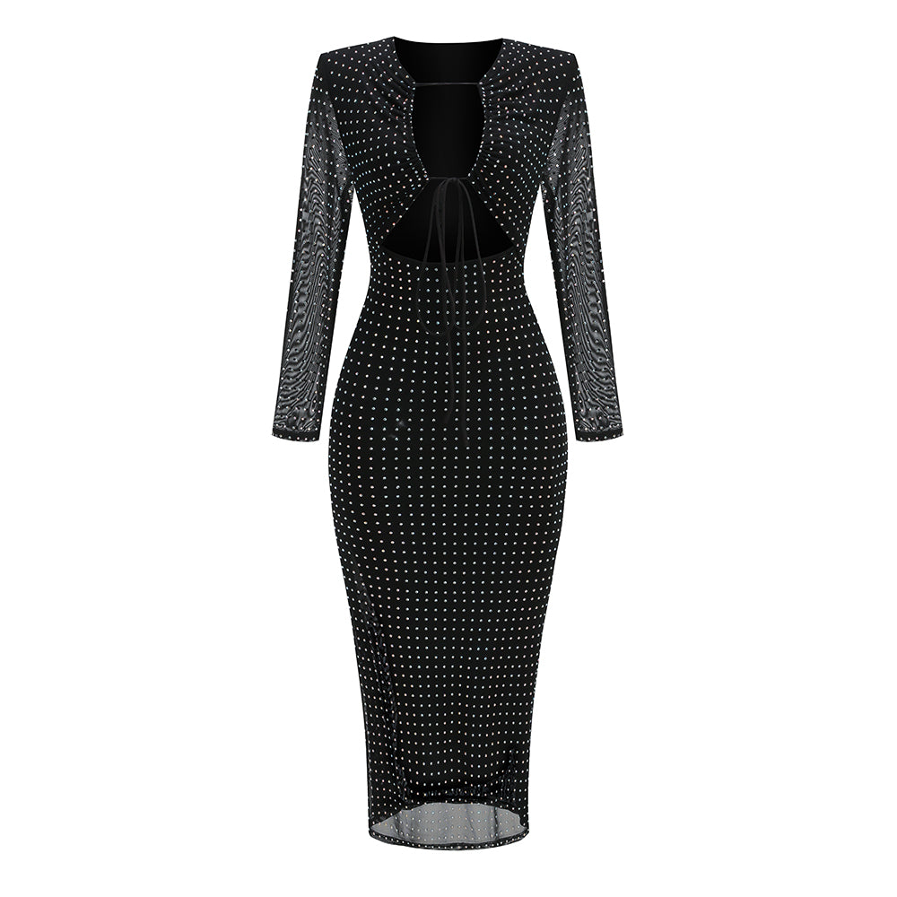 Long Sleeve Crystal Cut Out Midi Dress Black HV1191