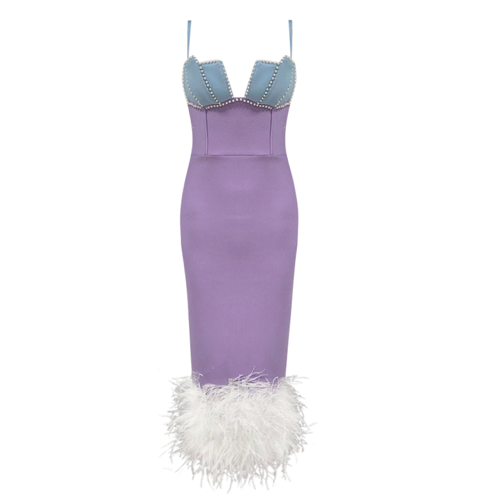 Pearl Bustier Feather Detail Midi Dress Purple HV1800