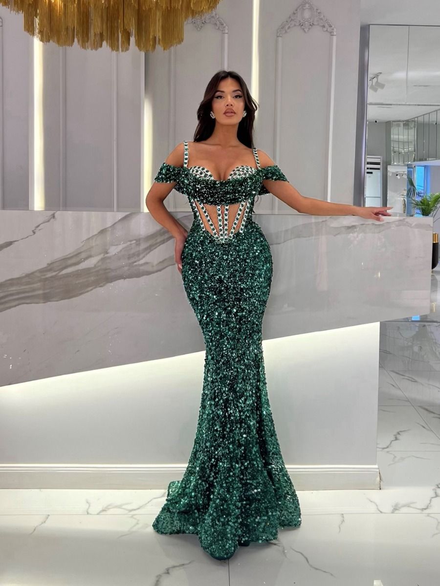 Crystal Corset Sequin Maxi Dress Green HV2002