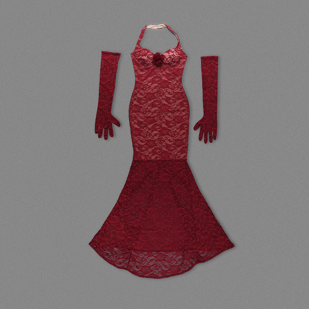 Halter Floral Lace Maxi Dress Burgundy HV1500