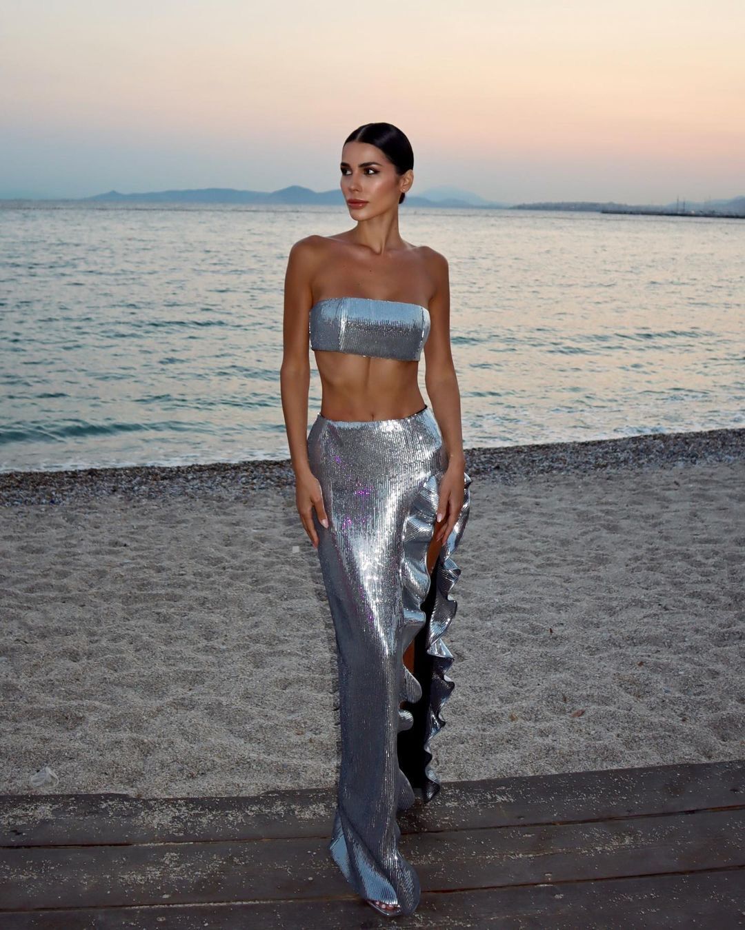 Sequin Draped Two Piece Maxi Dress Silver HV9476