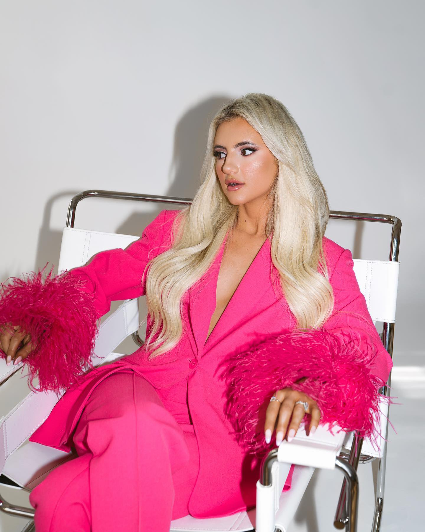 Long Sleeve Feather Detail Suit Hot Pink HV1267