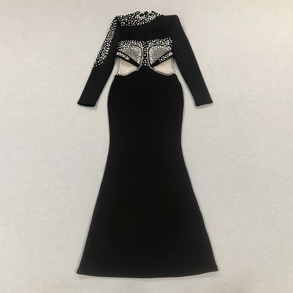 Long Sleeve Pearl Mesh Maxi Dress Black