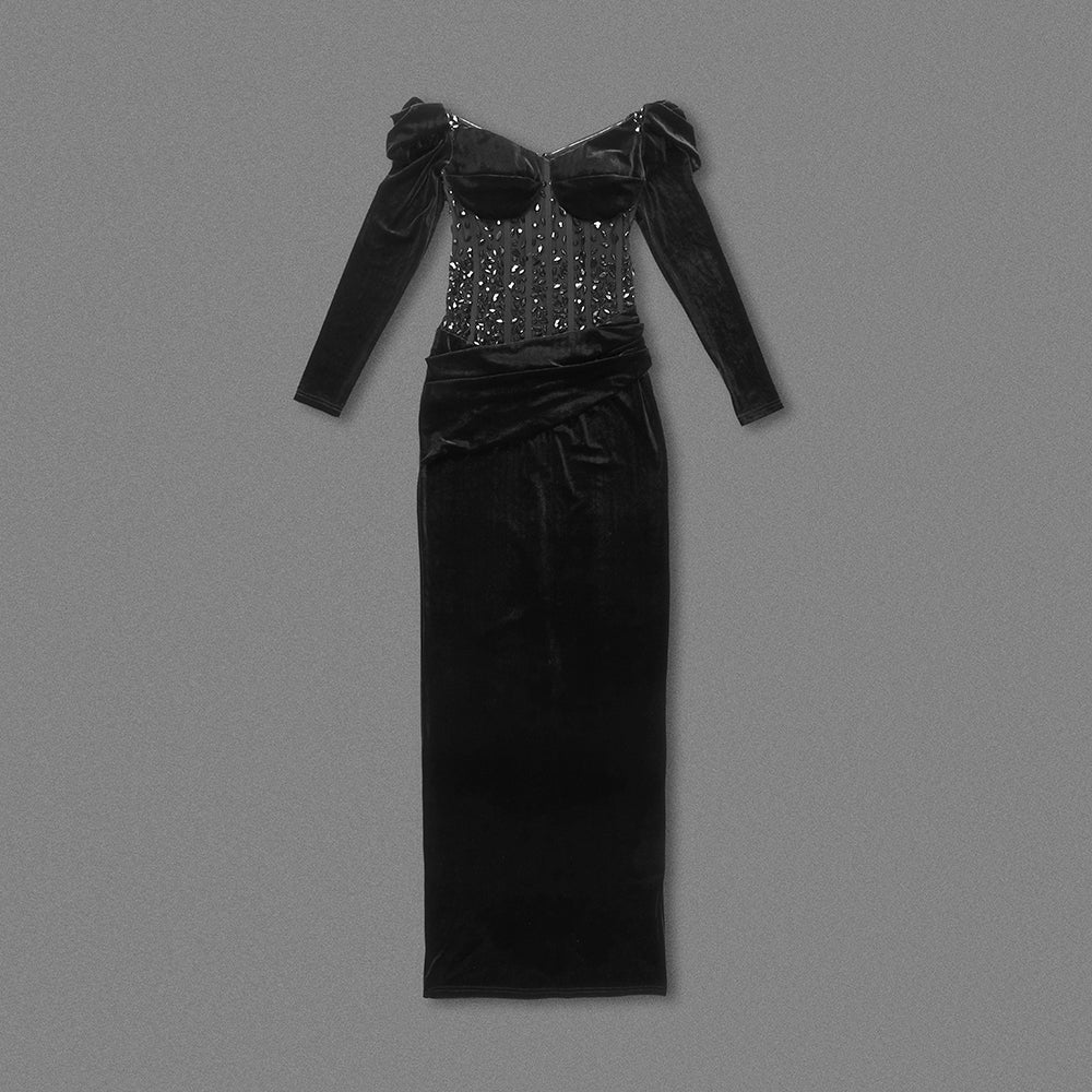 Long Sleeve Crystal Corset Maxi Velvet Dress HV1403