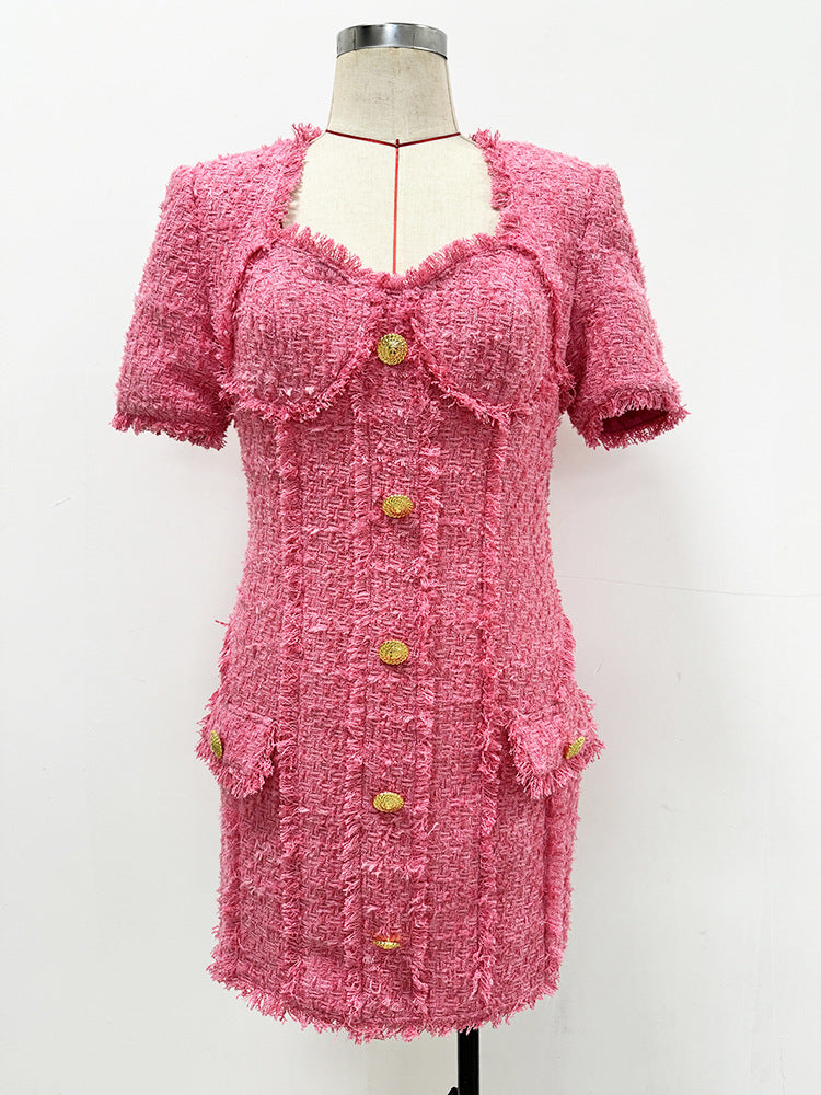 Short Sleeve Bustier Pocket Dress Hot Pink HV1575