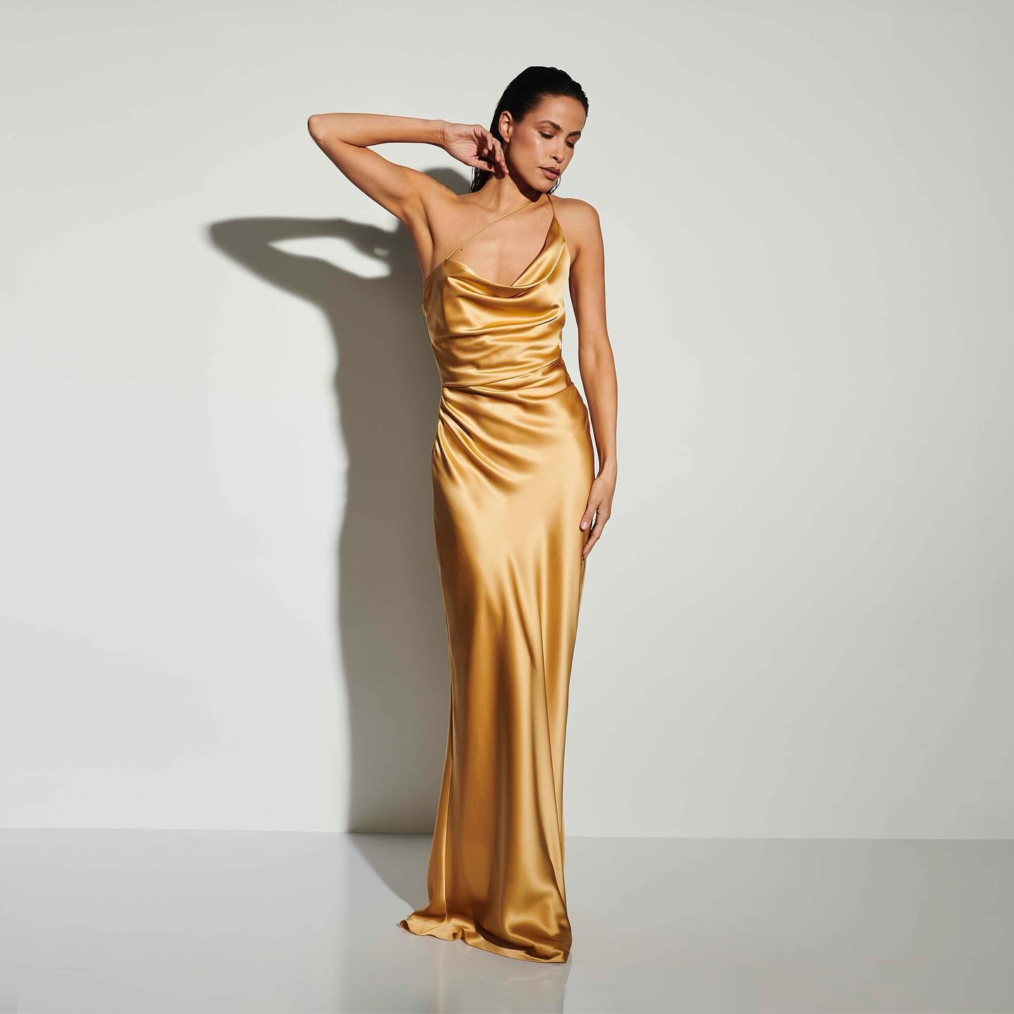 One Shoulder Draped Maxi Dress Gold HV1925