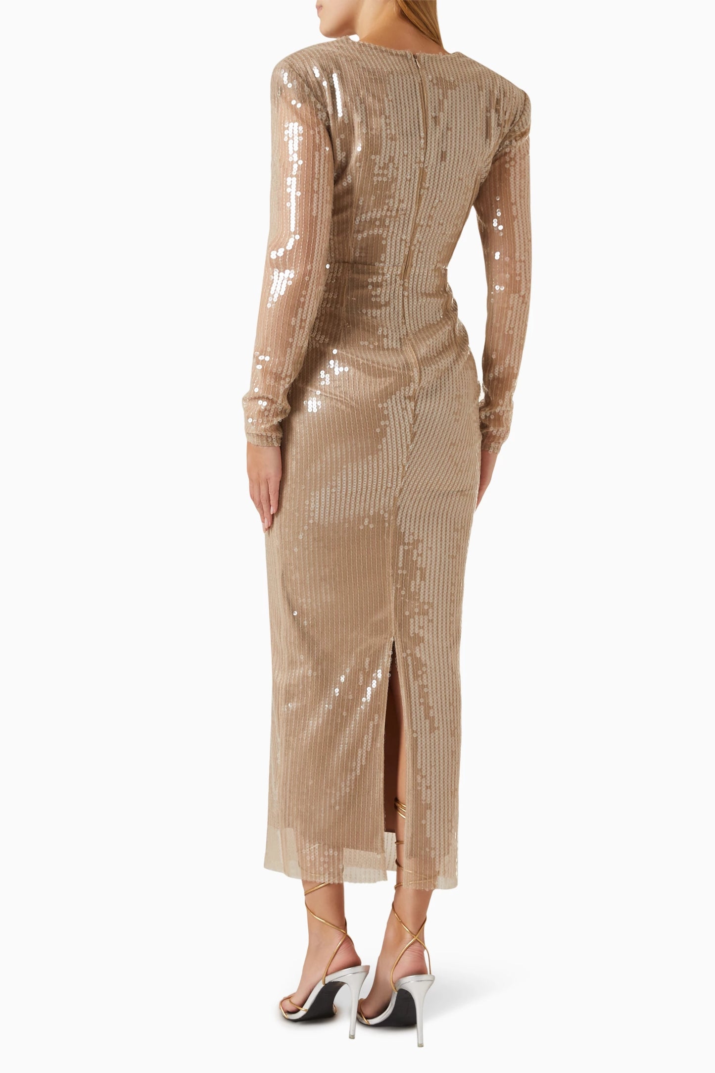 Long Sleeve Flower Sequin Midi Dress Nude HV1086