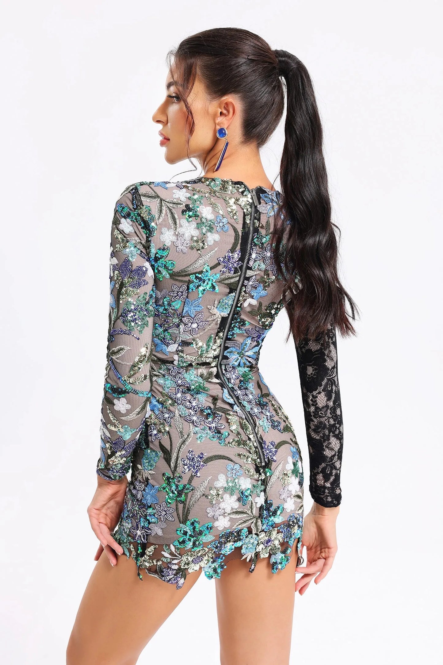 Long Sleeve Lace Sequin Floral Dress HV1098