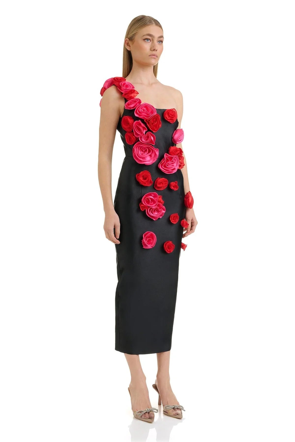 One Shoulder Rose Detail Midi Dress Black HV1094