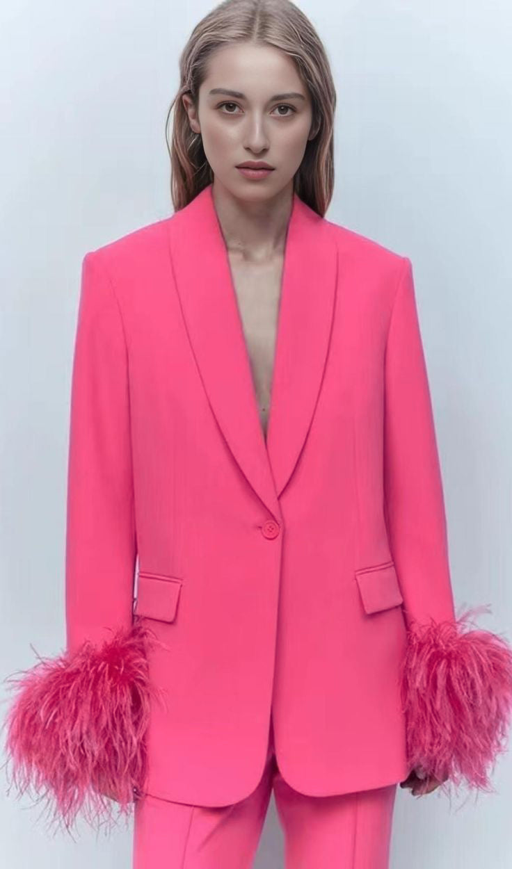 Long Sleeve Feather Detail Suit Hot Pink HV1267