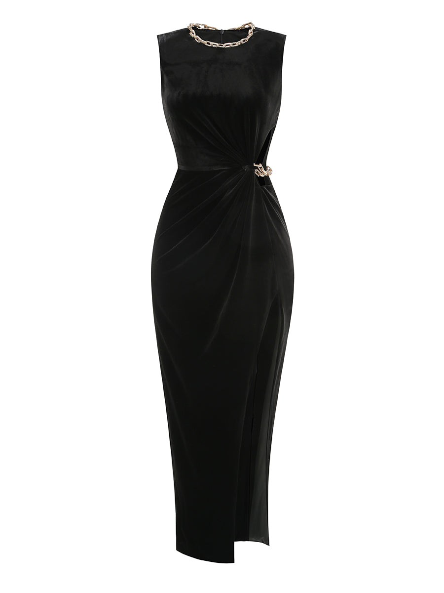Crystal Chain Maxi Velvet Dress Black