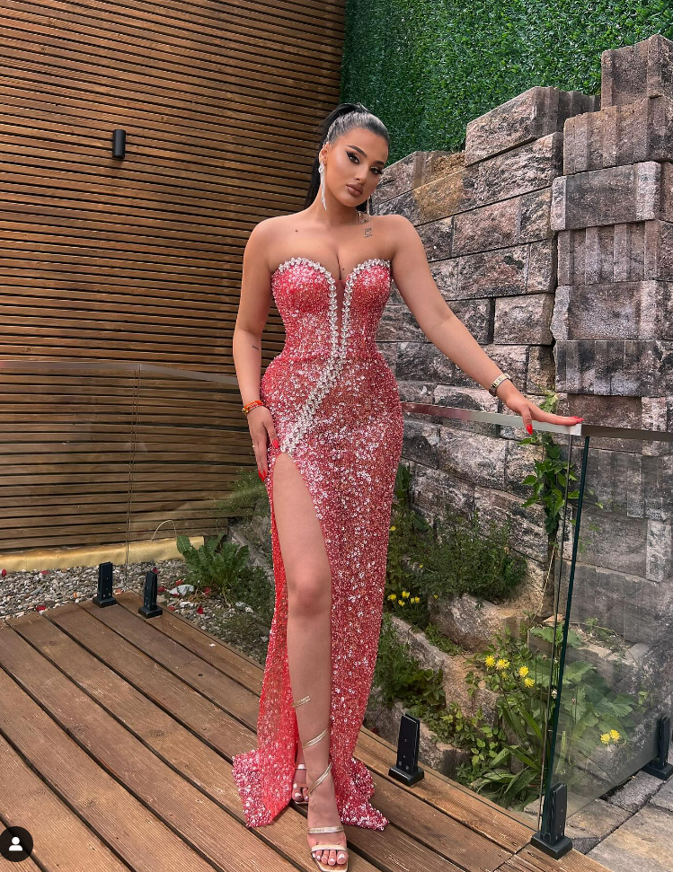 Strapless Crystal Sequin Maxi Dress Red HV1755