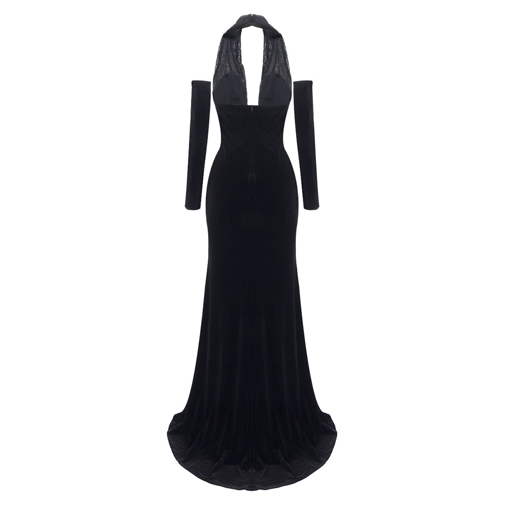 Long Sleeve Halter Lace Maxi Velvet Dress HV2048