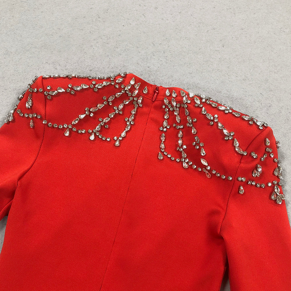 Long Sleeve Crystal Shoulder Maxi Dress Red BB10026