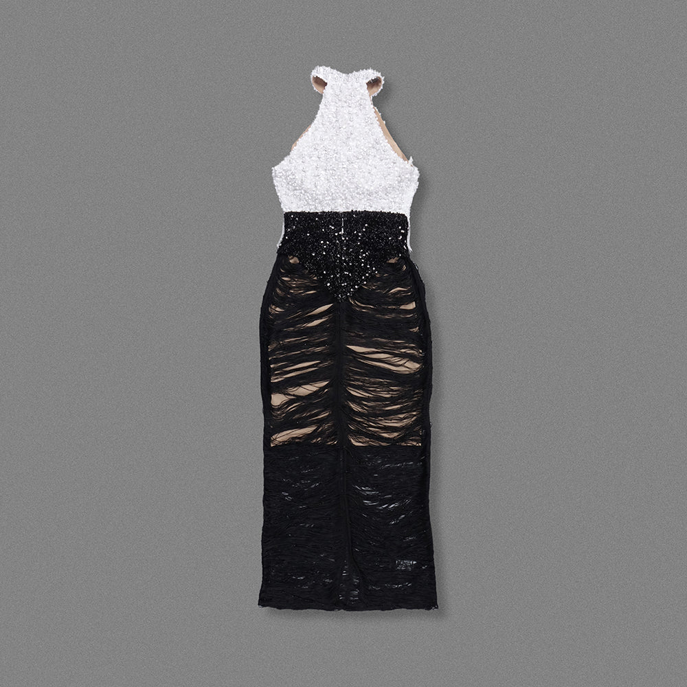 Pearl Sequin Tassel Maxi Dress White Black HV2129