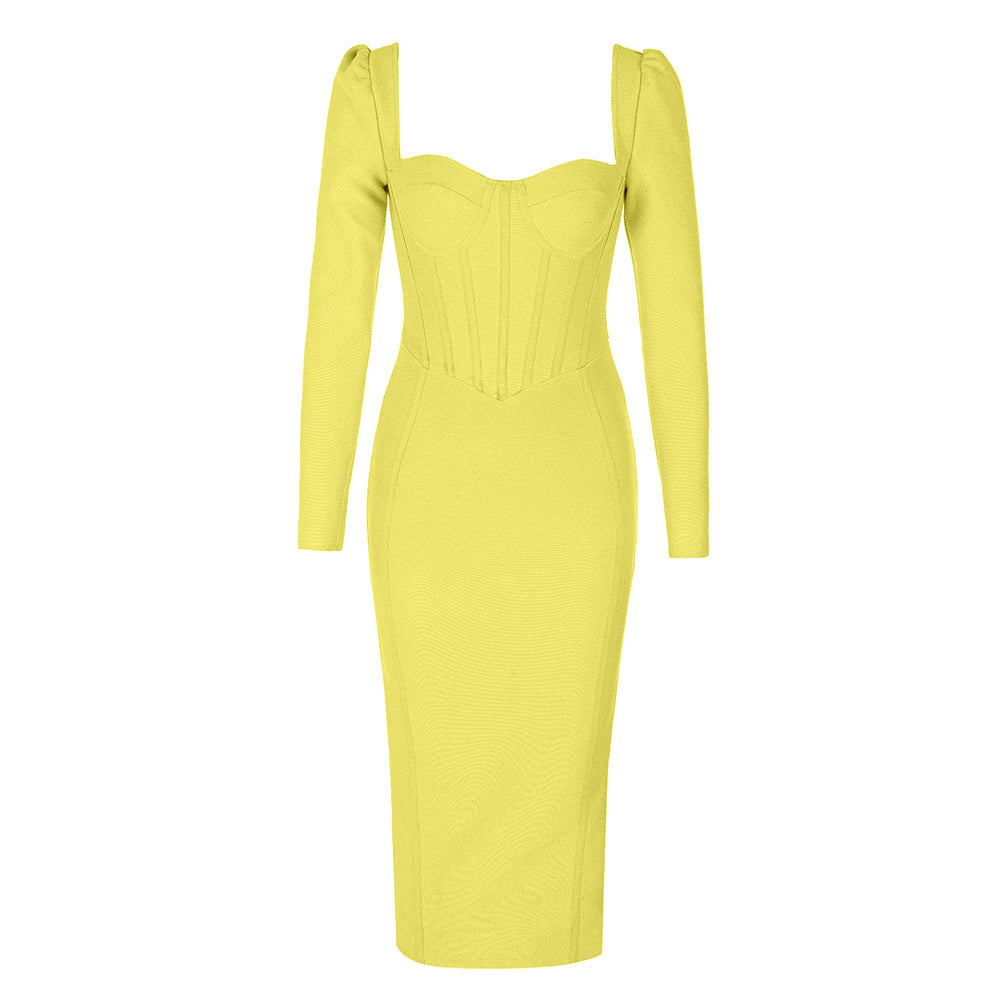 Long Sleeve Corset Design Midi Dress HV9755