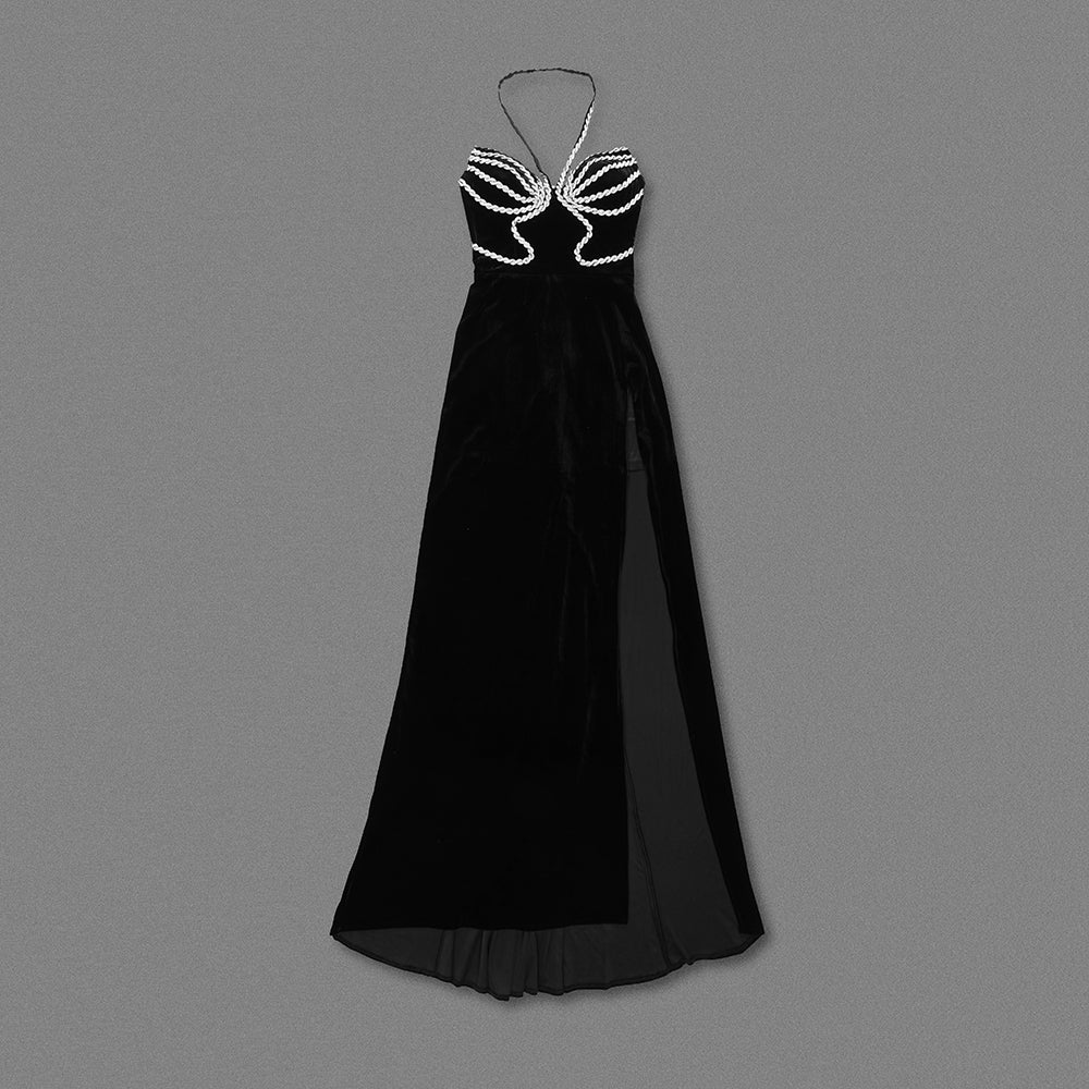Halter Embellished Trim Maxi Velvet Dress Black HV1603