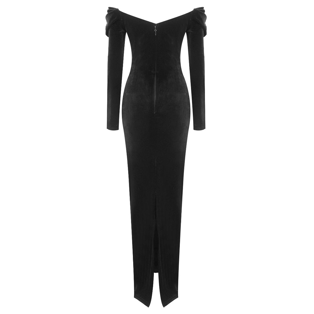Long Sleeve Crystal Corset Maxi Velvet Dress HV1403