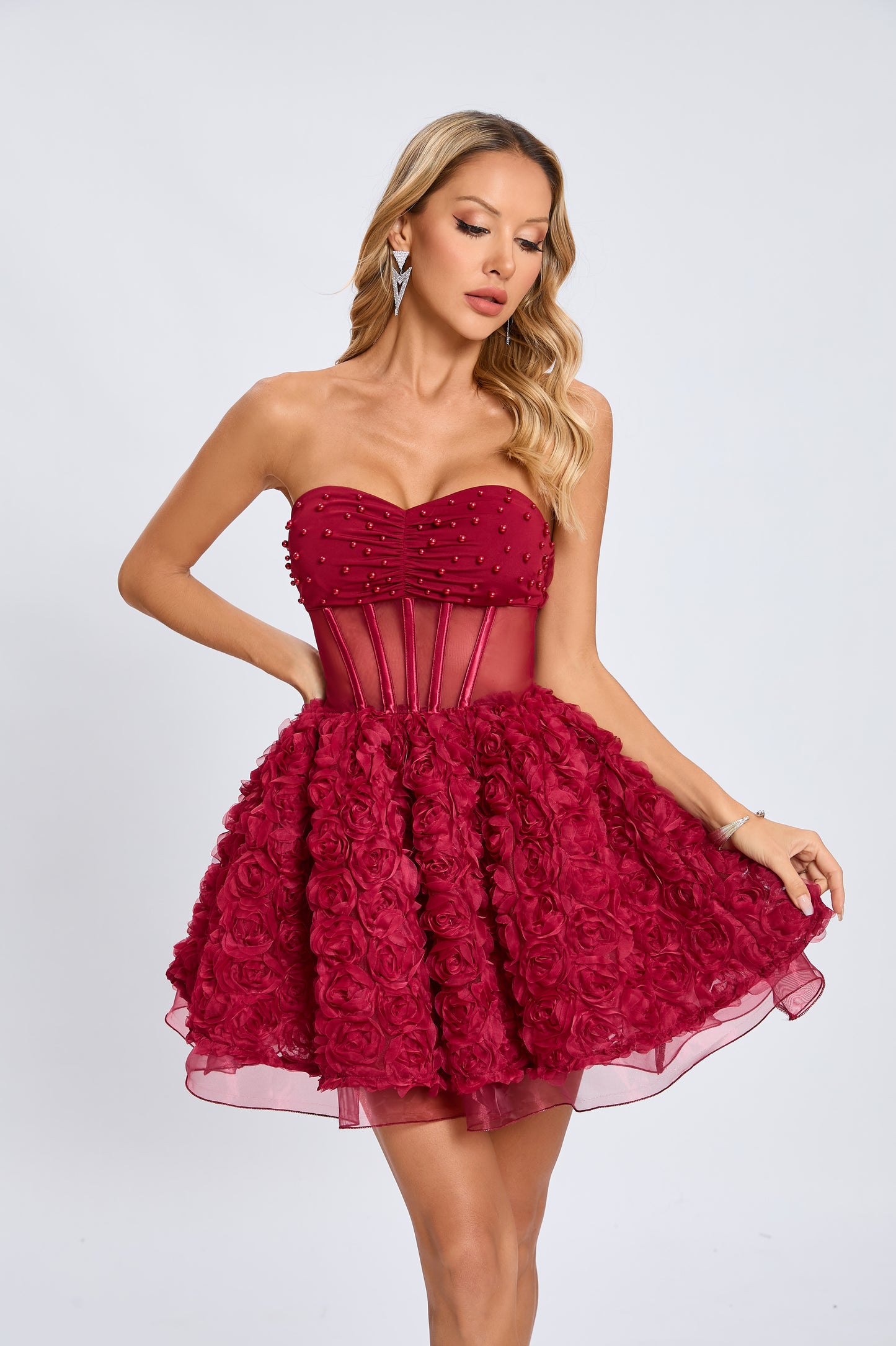 Strapless 3D Floral A Line Dress Black HV2156