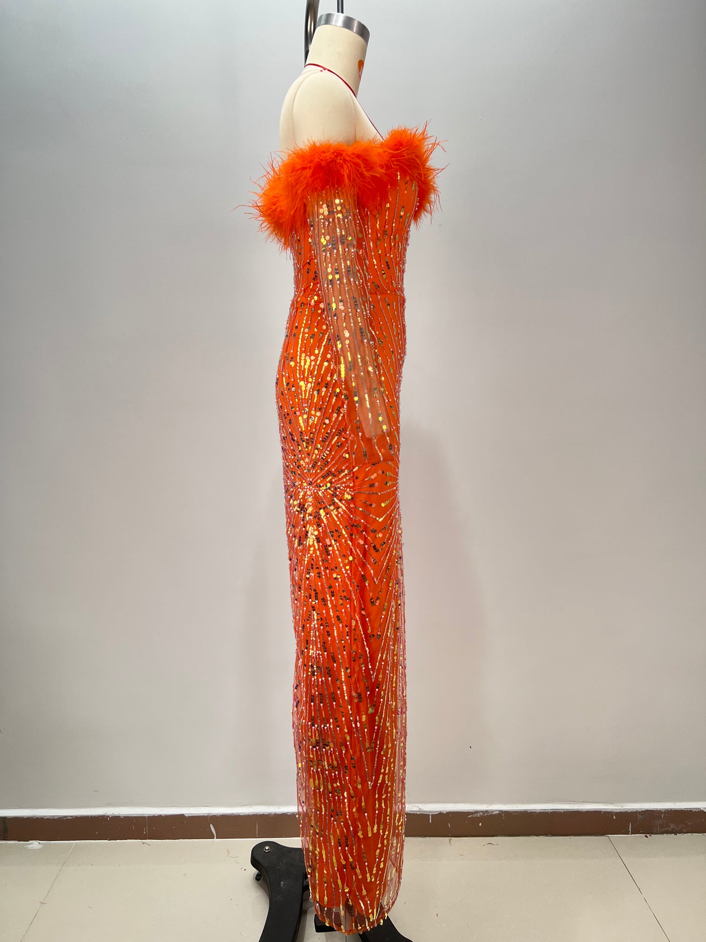 Long Sleeve Feather Bardot Sequin Maxi Dress HV1757