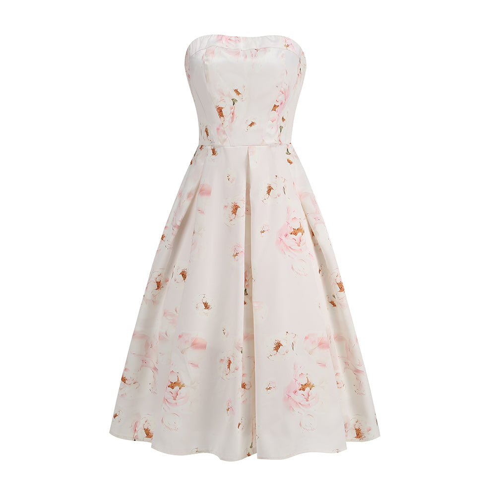 Strapless Floral Corset A Line Midi Dress