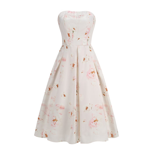 Strapless Floral Corset A Line Midi Dress