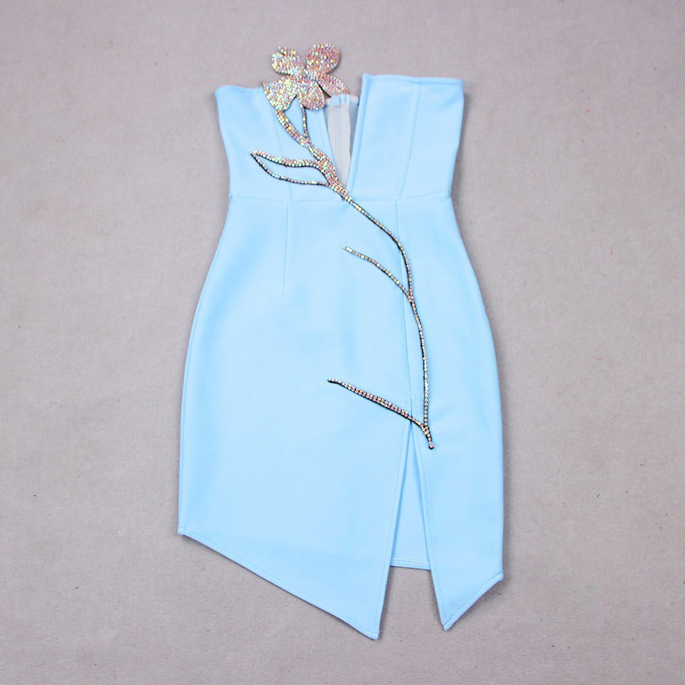 Strapless Rhinestone Flower Dress Yellow HV