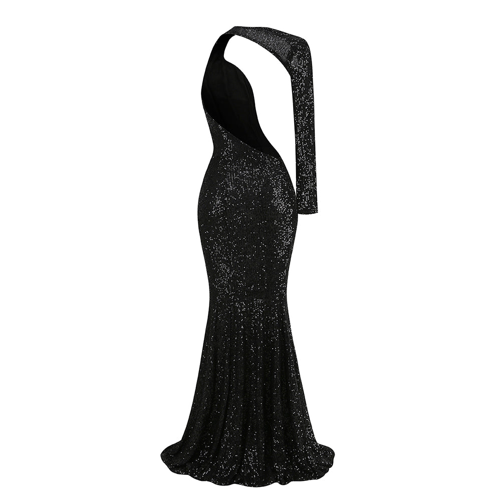 One Sleeve Sequin Mermaid Maxi Dress Black HV9996