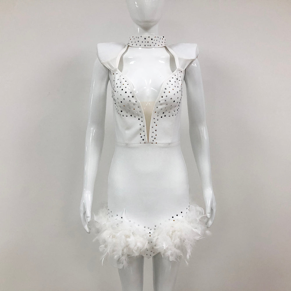 Crystal Embellished Feather Hem Dress White HV1471