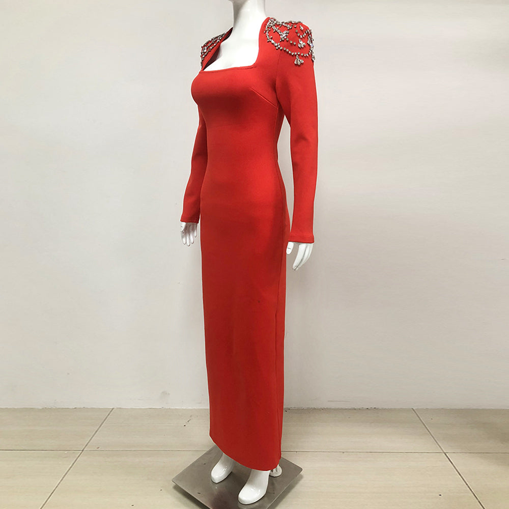Long Sleeve Crystal Shoulder Maxi Dress Red BB10026